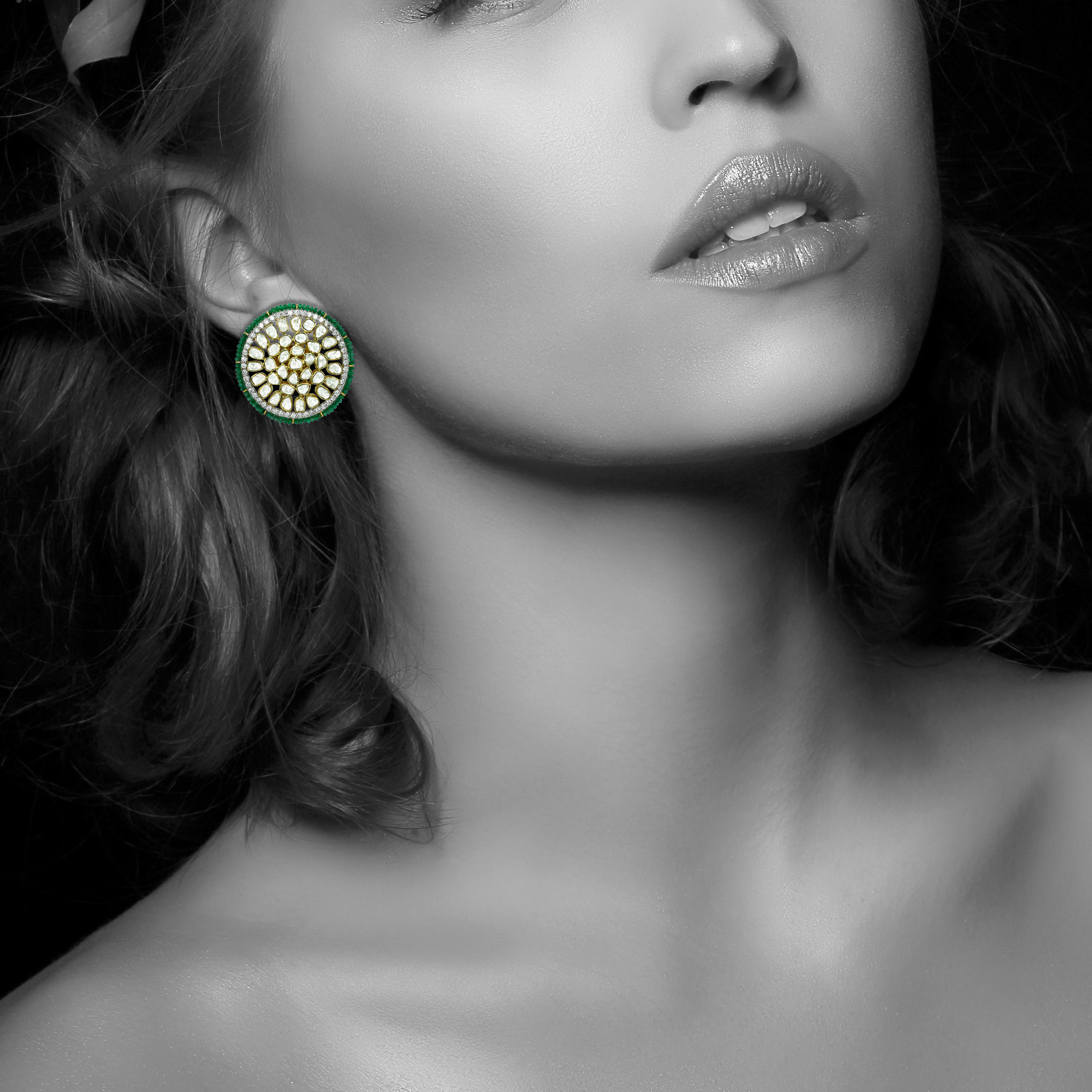 Radial Polki Studs with Diamond Halo and Emerald Bead Edge